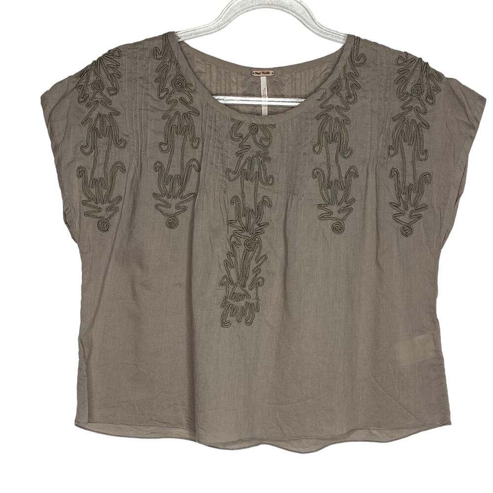 Free People Womens Size XS Brown Boxy Crop‎ Top Blouse Cotton Pintuck Embellish